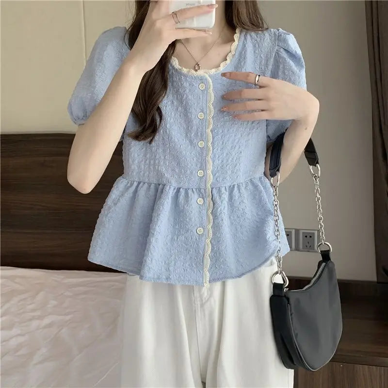 Blusa Casual de Verano 2024 Estilo Coreano con Encaje y Manga Corta, Blusa de Gasa con Manga Abullonada Antienvejecimiento y ...