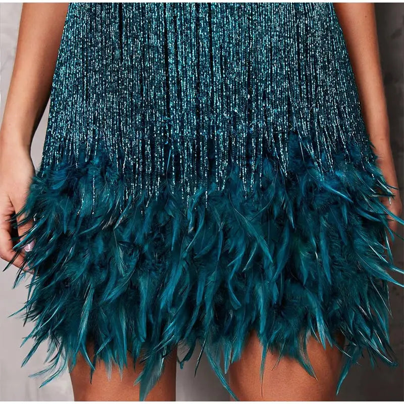 2025 nuevo Sexy borla lentejuelas pluma Mini vestido mujeres Spaghetti Strap costura vestidos mujer elegante vestido de fiesta de noche Club