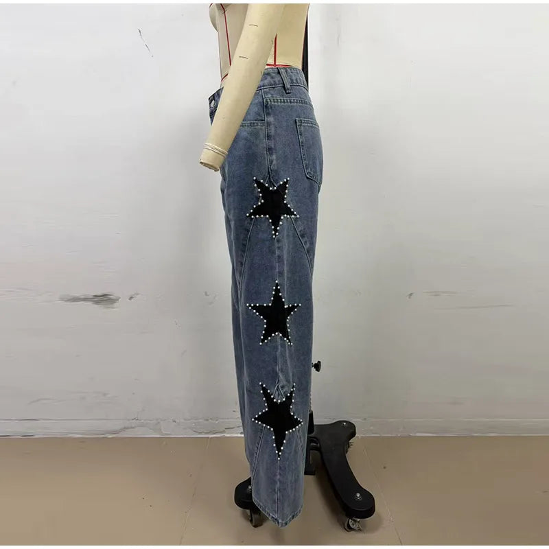 Pantalones vaqueros elegantes con decoración de perlas para mujer, pantalones de pierna ancha de cintura alta, ropa de calle nueva de moda, pantalones de lujo 2025