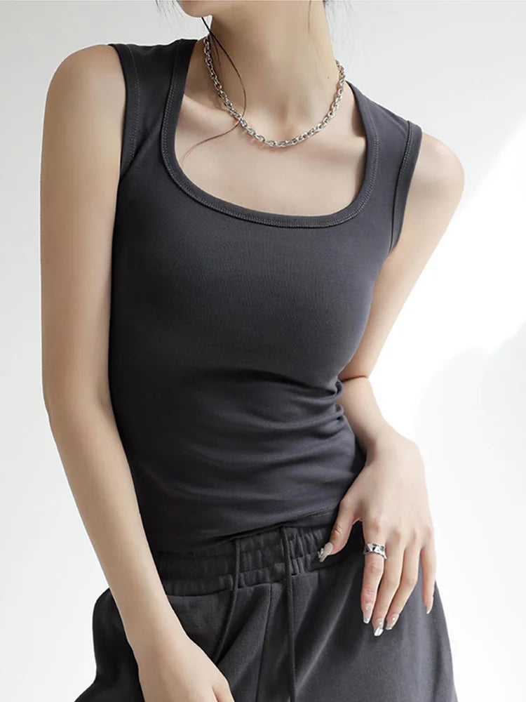 Camiseta sin mangas acanalada con cuello en U para mujer, camisola elástica básica térmica sin mangas, ropa térmica de verano para mujer