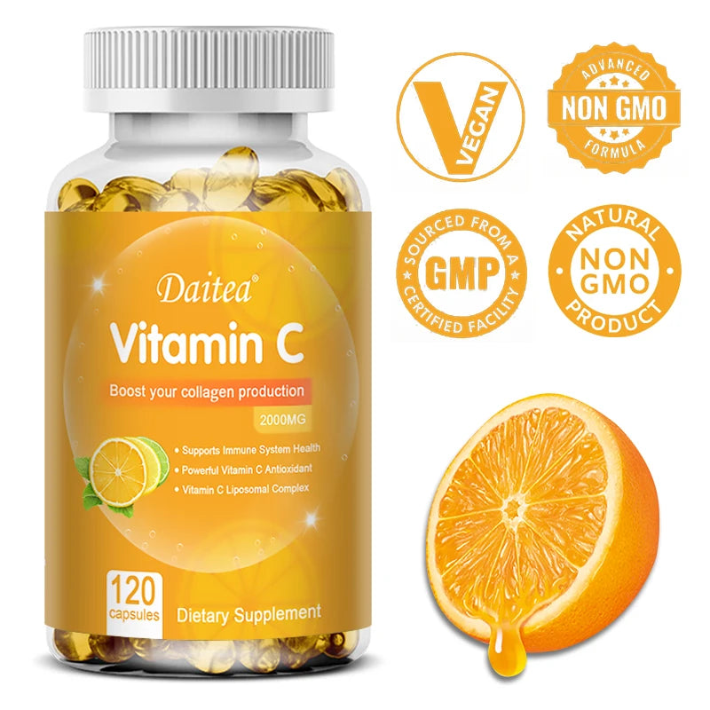 Cápsulas de vitamina C - 2000 mg, promueven la producción de colágeno, apoyan la piel y la salud inmunitaria, potente antioxidante, 120 cápsulas