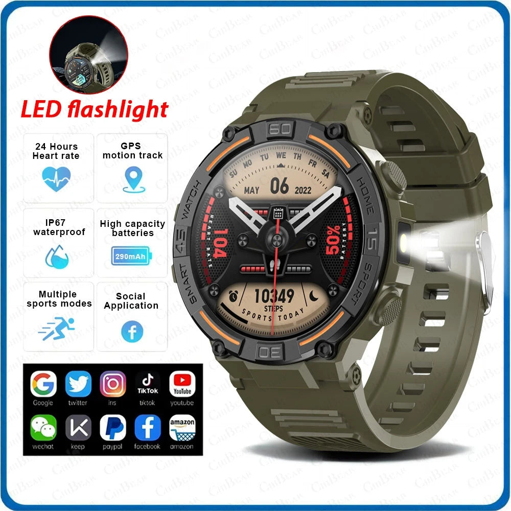Reloj inteligente militar resistente al aire libre para hombres, GPS, deportes, Fitness, resistente al agua, llamada Bluetooth con luces LED, reloj inteligente