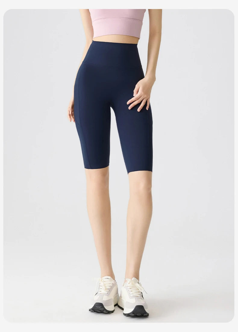 BIVIGAOS, pantalones cortos de verano con bolsillo para Yoga de piel de tiburón para bicicleta, pantalones cortos finos de cintura alta con realce, sensación desnuda, pantalones cortos deportivos para ciclismo y Fitness
