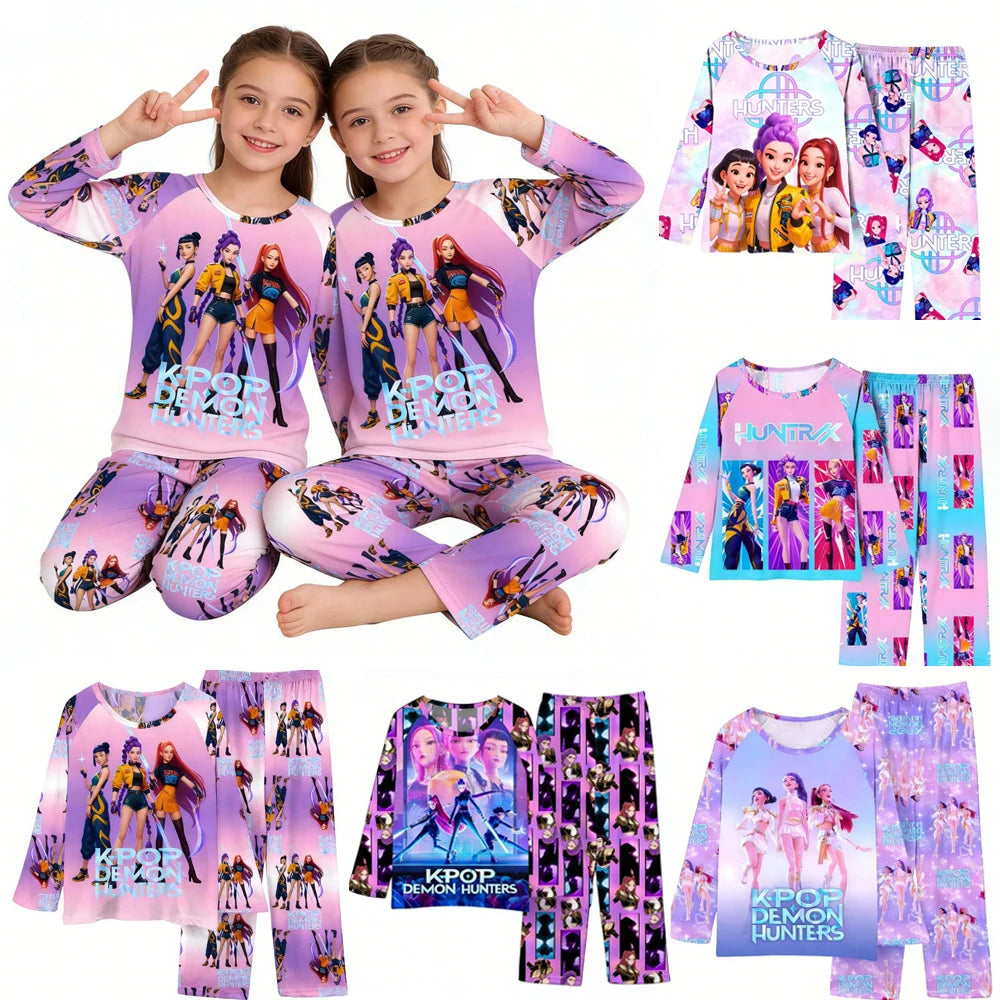 Conjunto de pijamas para niños KPop Demon Hunters Huntrix, ropa de manga larga para niñas, 2 uds., ropa de dormir para niños, ropa de dormir de dibujos animados para niños de 3 a 14 años