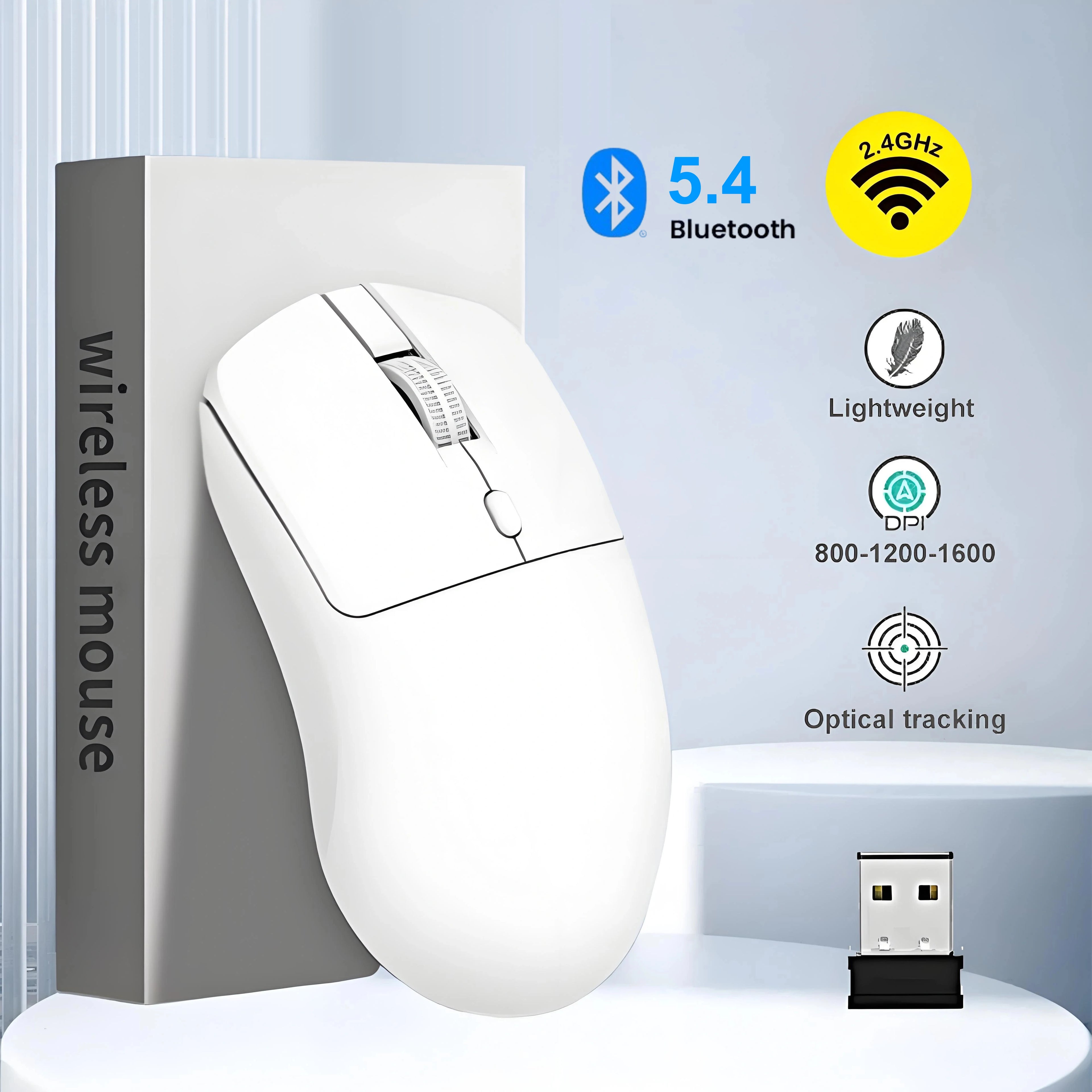 Ratón inalámbrico de 2,4G, Bluetooth 5,4, ratón ergonómico para juegos, ratón de 800-1200-1600 DPI, ratón de oficina recargable para PC y portátil