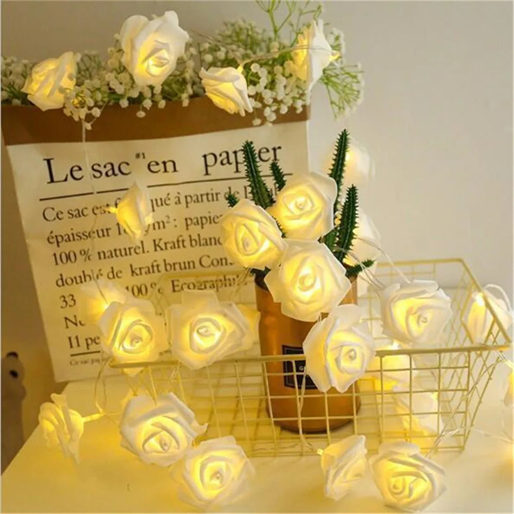 Guirnalda de Luces LED de 3m con 20 Rosas Artificiales, Funciona con Pilas, Decoración para Bodas, Habitaciones, Ramadán, Regalos para el Día de la Madre