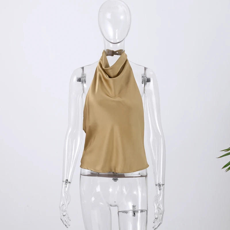 Vestido sin mangas con cuello colgante para mujer, vestido liso de satén con espalda descubierta, vestidos informales de oficina con tirantes finos, nueva Suite de primavera 2025