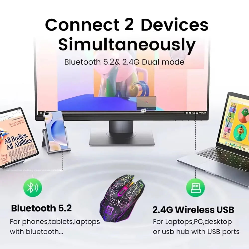 Ratón inalámbrico Bluetooth 5,2 RGB 2,4G, ratón para juegos de modo Dual, ratón silencioso de 6 botones para MacBook, tableta, ordenadores portátiles
