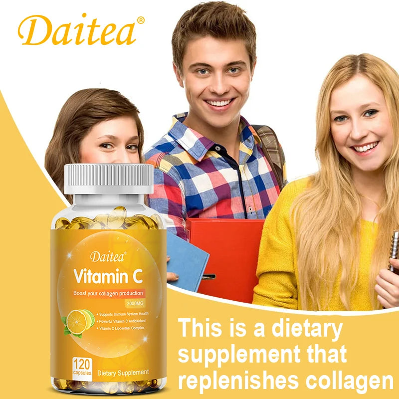 Cápsulas de vitamina C - 2000 mg, promueven la producción de colágeno, apoyan la piel y la salud inmunitaria, potente antioxidante, 120 cápsulas