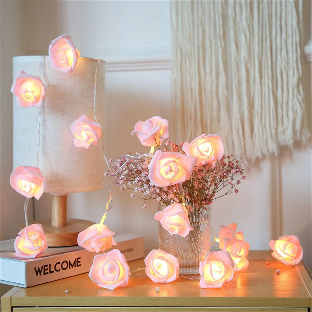Guirnalda de Luces LED de 3m con 20 Rosas Artificiales, Funciona con Pilas, Decoración para Bodas, Habitaciones, Ramadán, Regalos para el Día de la Madre