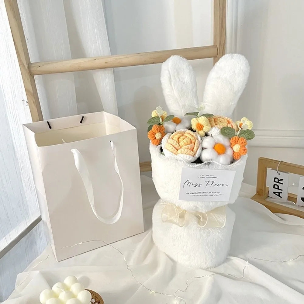Ramo de flores de ganchillo con orejas de conejo, ramo de flores completo hecho a mano con bolsa de regalo, ramo de rosas de punto creativo para el día de la madre