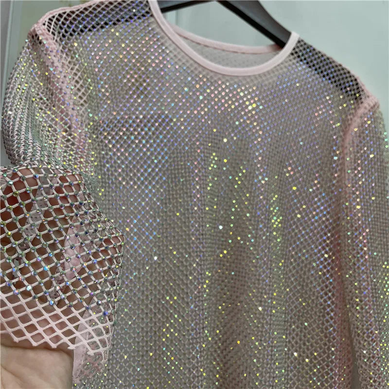 ColorShiny Diamonds-Camiseta básica de sílabas eléctricas para mujer, Top ajustado de cristal con cuello redondo, media manga, Sexy, para fiesta y Club