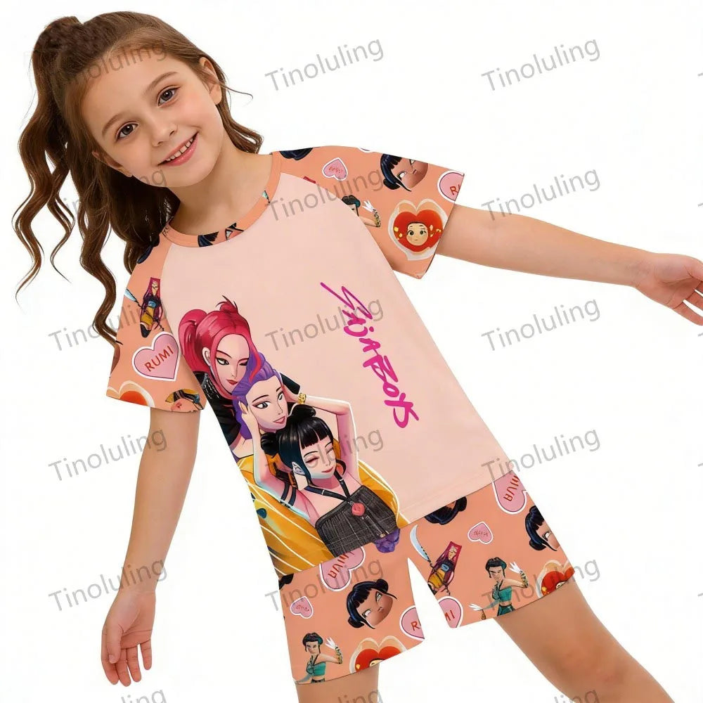 Conjuntos de pijamas para niñas, pijamas de verano para niños pequeños de 3 a 8, 10, 11 y 12 años, Kpop Demon Hunters, camisetas y pantalones cortos, conjunto de pijamas de dos piezas