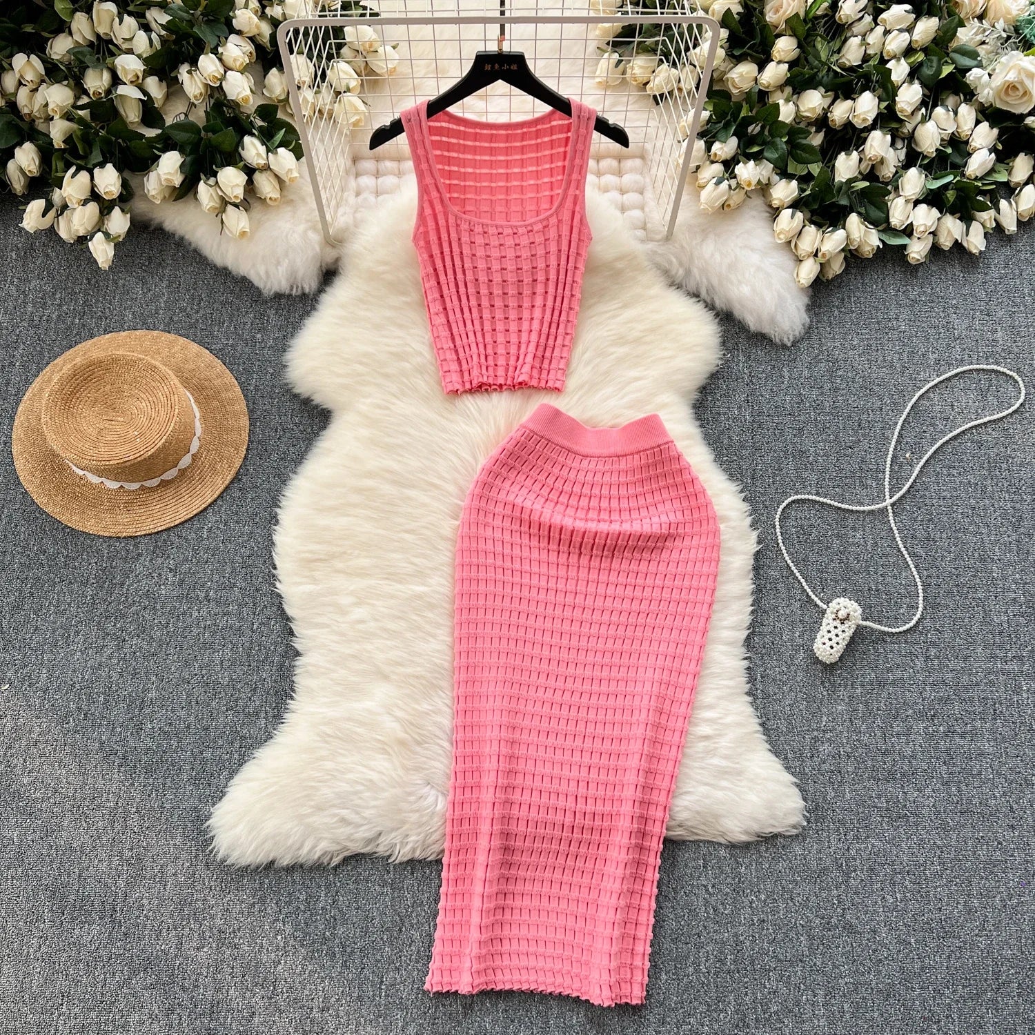 Conjunto de falda de moda de verano para mujer, camisetas sin mangas Sexy, cintura alta, Saya larga delgada, trajes de dos piezas, ropa de punto sólida