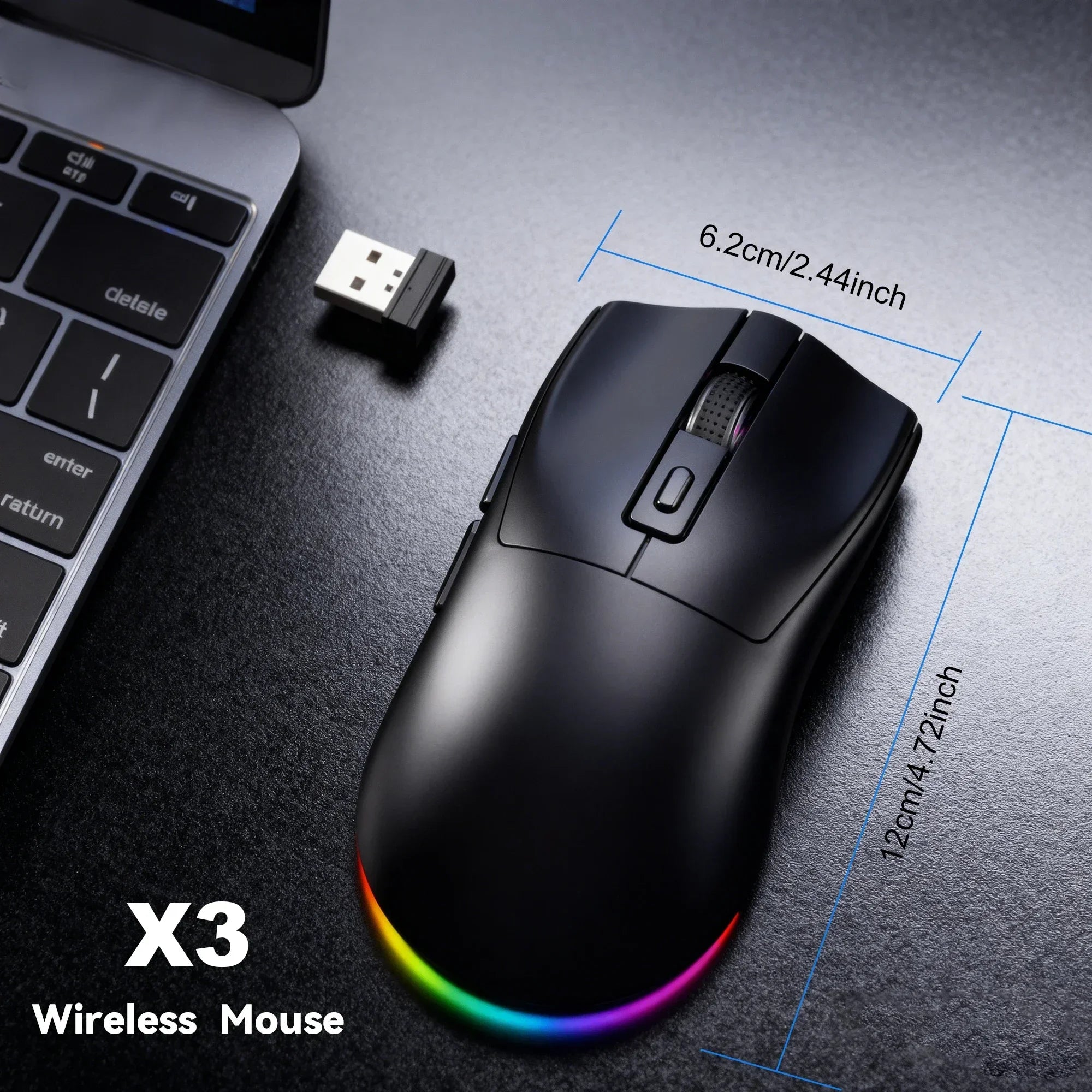 Ratón inalámbrico de modo dual |   Base de carga magnética |   Retroiluminado RGB |   DPI de 3 velocidades (800-1200-1600) |   2.4G/BT |   Adecuado para uso diario.
