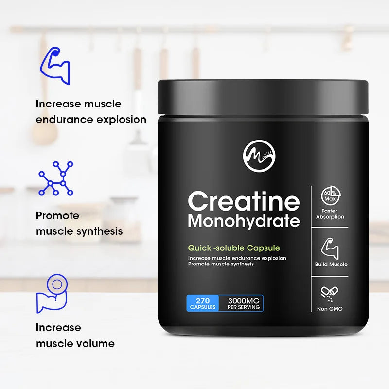 Cápsulas de monohidrato de creatina, proteínas de suero de rendimiento energético para recuperación de entrenamiento de masa muscular, suplemento energético para hombres