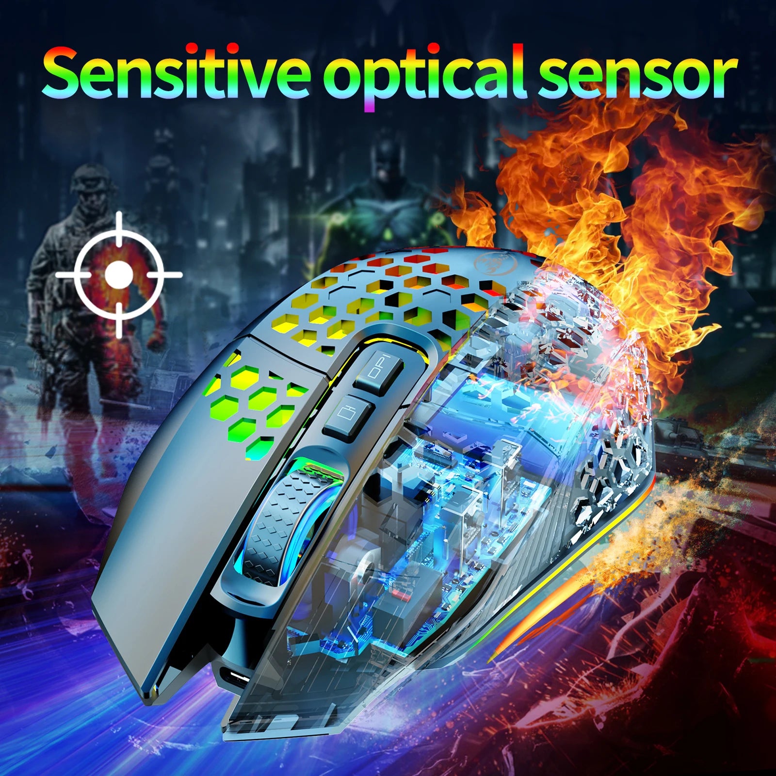 Ratón inalámbrico para juegos: diseño ergonómico con iluminación RGB, carga USB tipo C, carcasa de panal, diestro, precisión óptica