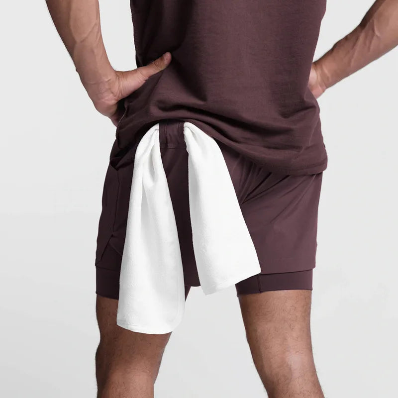 2025 nuevos pantalones cortos deportivos transpirables de doble capa gimnasios Fitness culturismo entrenamiento playa de secado rápido 2 en 1 pantalones cortos para correr para hombre