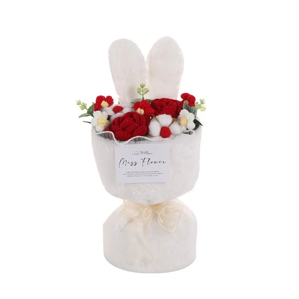 Ramo de flores de ganchillo con orejas de conejo, ramo de flores completo hecho a mano con bolsa de regalo, ramo de rosas de punto creativo para el día de la madre