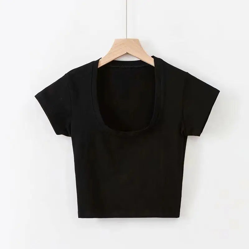 Camisetas sexis de verano para mujer, ropa ajustada elástica, camisetas de manga corta con cuello en U para mujer, Top corto Streetwea