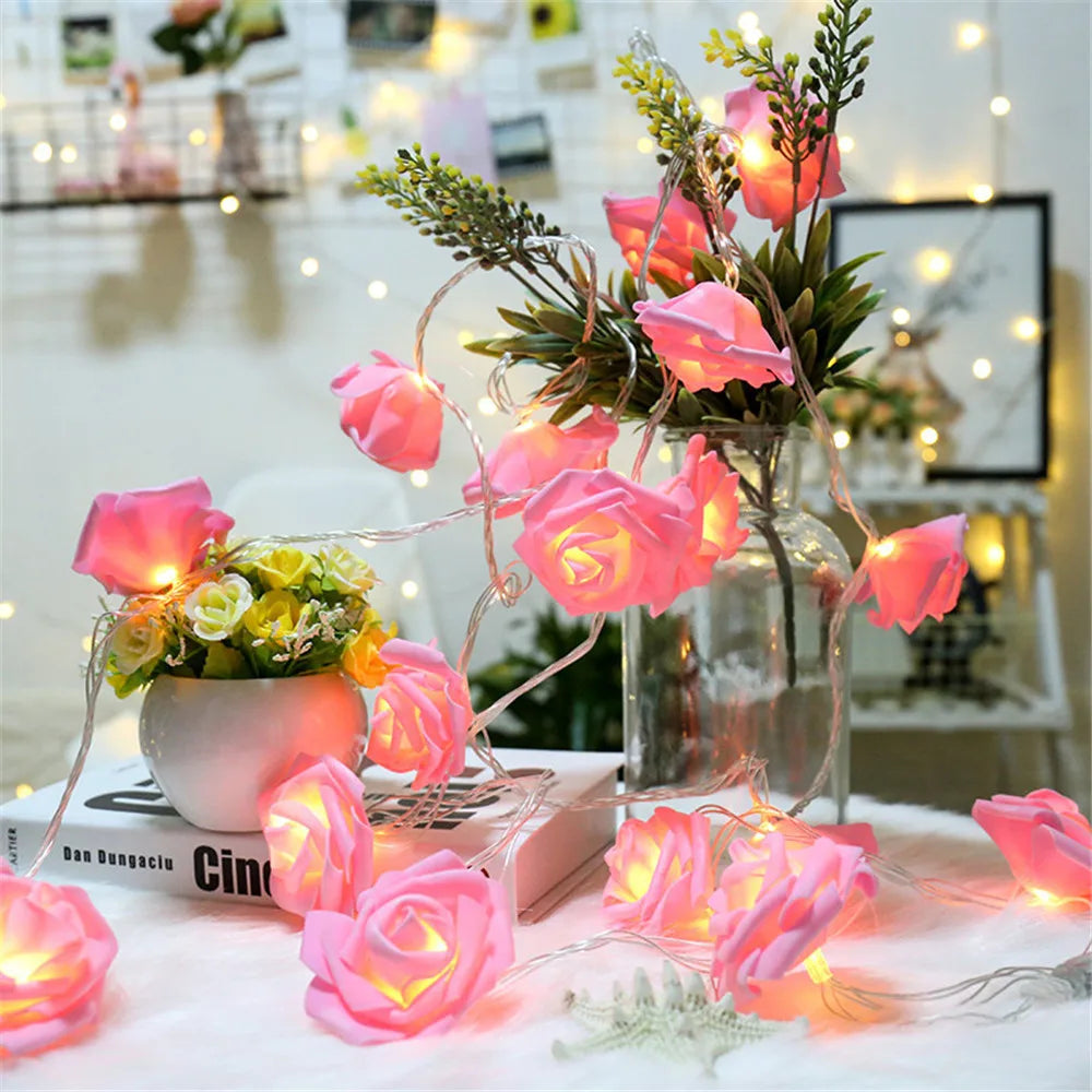 Guirnalda de Luces LED de 3m con 20 Rosas Artificiales, Funciona con Pilas, Decoración para Bodas, Habitaciones, Ramadán, Regalos para el Día de la Madre