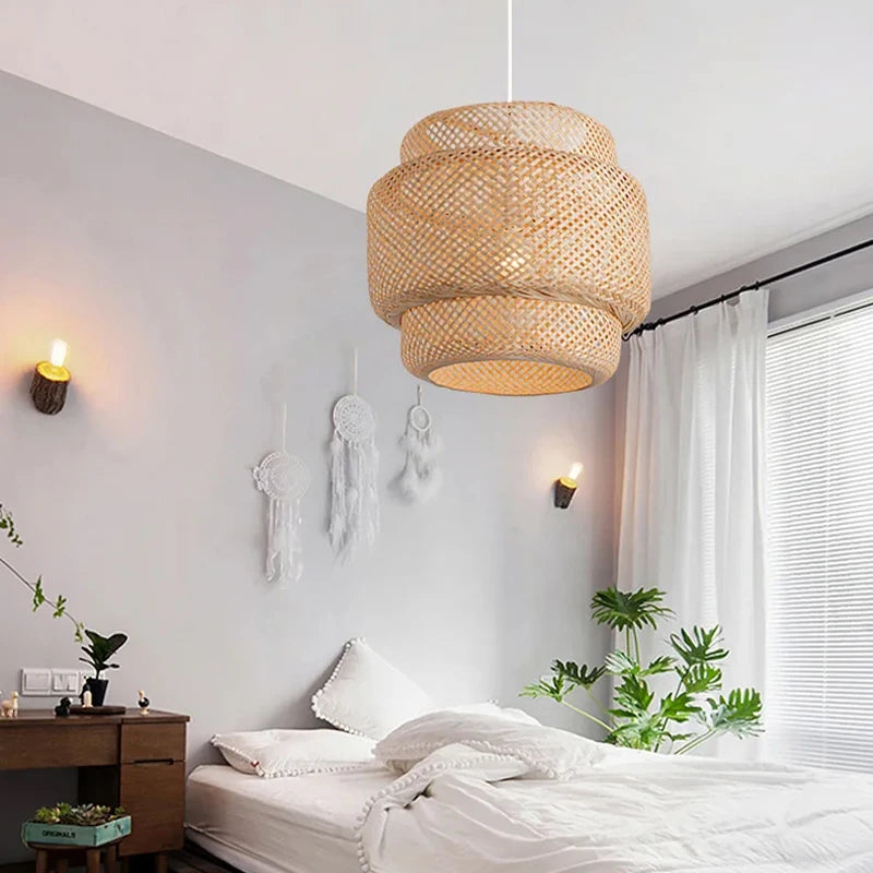 Lámpara colgante moderna de bambú, tejido a mano candelabro artístico, linterna para comedor, dormitorio y comedor, 30cm