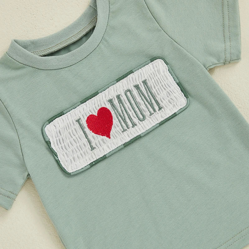 Conjuntos de ropa para el día de la madre, niñas y niños, trajes para niños pequeños, camiseta de manga corta con bordado de letras y pantalones cortos a cuadros, conjuntos de 2 uds.