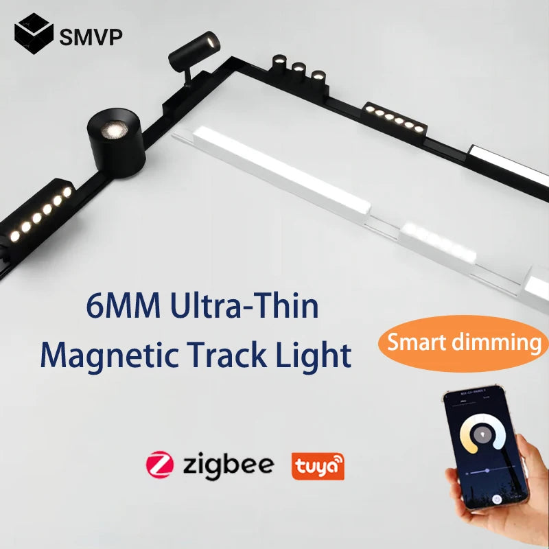 Sistema de luz de pista magnética de montaje en superficie de techo regulable Tuya Zigbee inteligente fino de 6MM lámpara delgada blanca y negra segura DC48V para el hogar