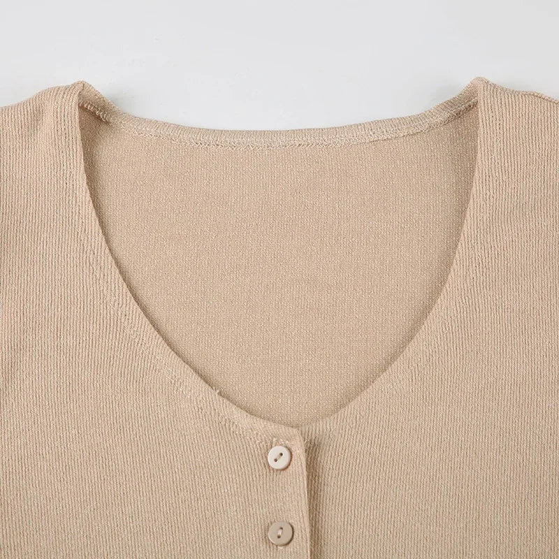 Vestido Mini de Punto Tornova para Mujer, Cuello en V, Botones, Elegante, Manga Corta, Alta Elasticidad, Casual, Verano 2026