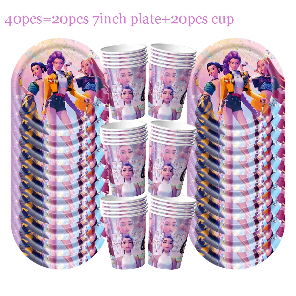 Vajilla desechable para fiesta temática de cazadores de demonios k-pop, plato con bandera de cazador, globo, decoración de cazadores, suministros para fiesta de cumpleaños