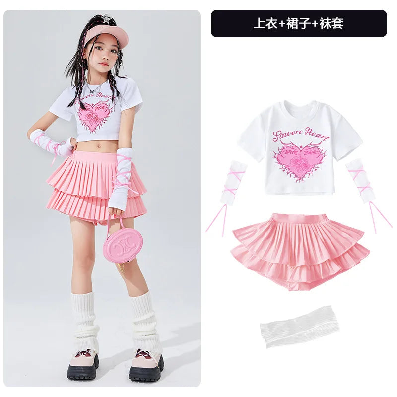 Ropa bonita de Hip Hop para chico, camiseta corta con estampado rosa, mangas, minifalda plisada en capas blancas para niñas, tra