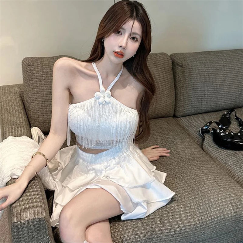 Camisola Sexy con cuello Halter y borlas para mujer, camiseta sin mangas ajustada de Color sólido