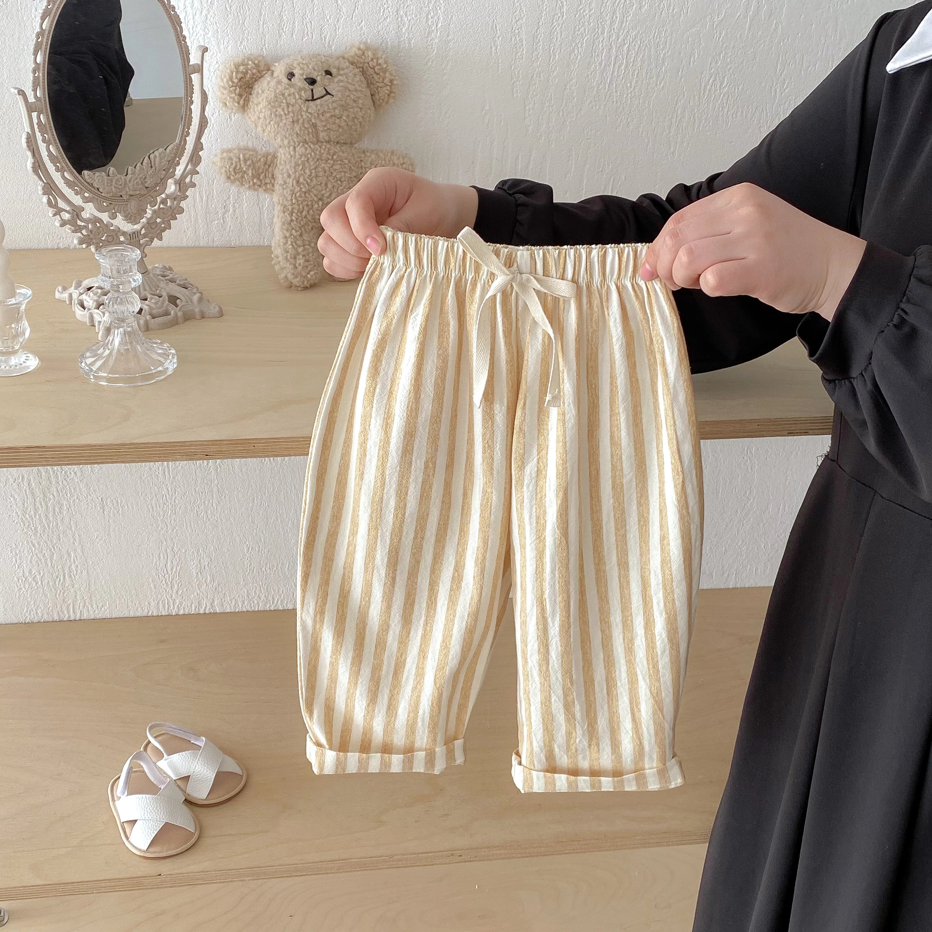 Pantalones Vintage de lino y algodón a rayas para niños, pantalones informales con diseño de bolsillo, pantalones de cintura elástica para niño niña, ropa, pantalones para niños