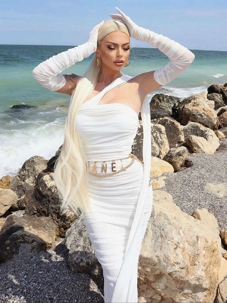 VC Vestido elegante para mujer, cinta drapeada con mangas largas, guantes, Vestido de fiesta, Vestido veraniego de malla para vacaciones