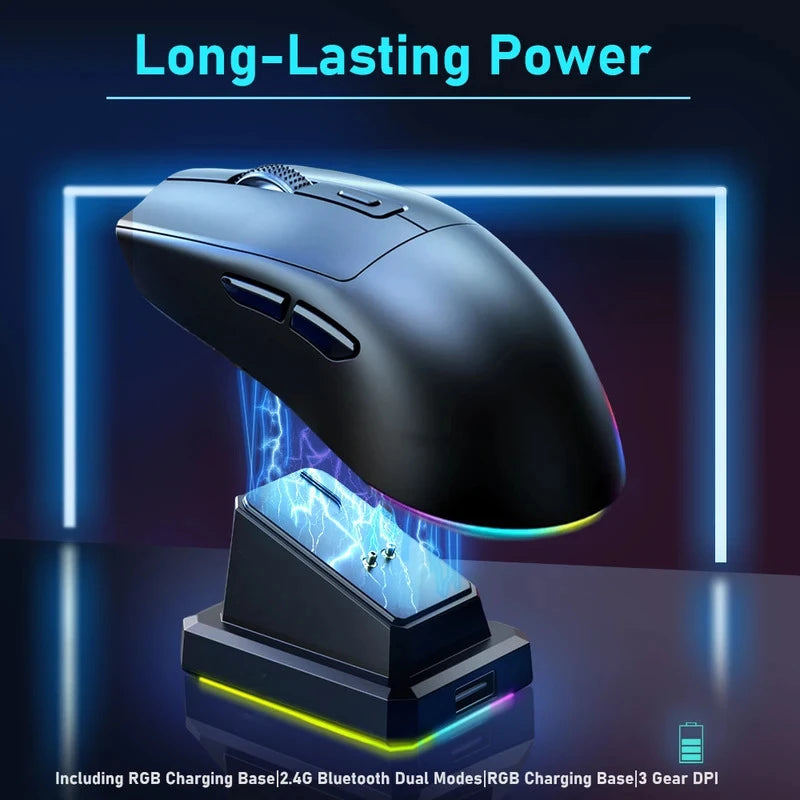 Ratón para Juegos de Última Generación con DPI Ajustable, Recargable, Inalámbrico, con Base de Carga, Bluetooth 2.4G, Modo Dual, RGB, Diseño Ergonómico