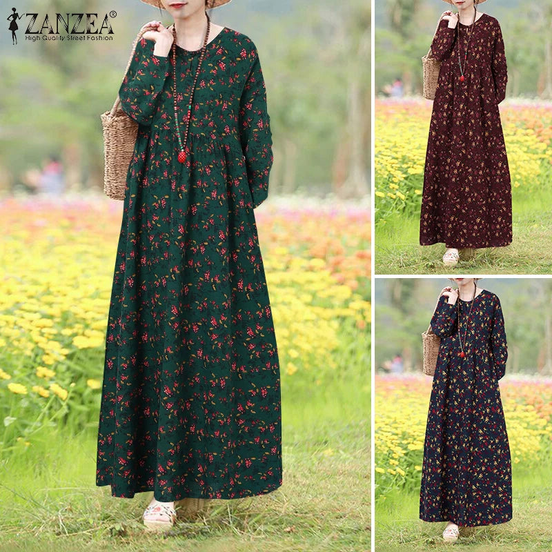 Vestido Floral Vintage mujer 2025 ZANZEA otoño Vestidos largos bohemios Casual manga larga Maxi Vestidos bata suelta Mujer de gran tamaño