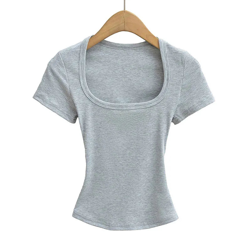 Top corto de alta elasticidad con cuello cuadrado para mujer, top sexy de manga corta, jersey ajustado, camisa básica de verano