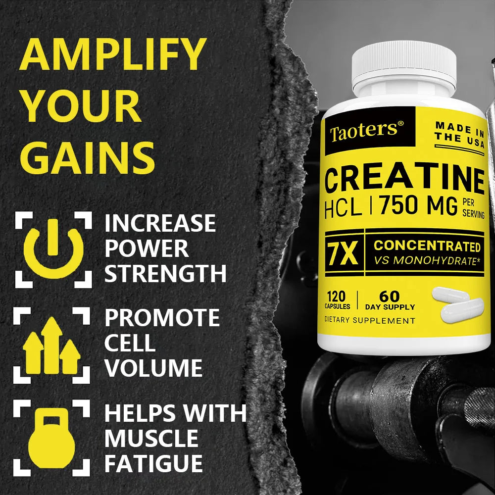 Cápsulas de creatina HCL-750 mg, soporte de energía muscular, cognitiva y celular, aumenta la energía, la resistencia y mejora el rendimiento atlético