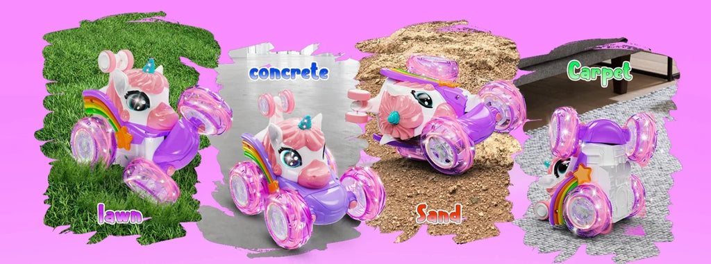 Coche teledirigido unicornio para niñas, 360 °   Coches RC acrobáticos giratorios 4WD con luces lindas, juguetes recargables para niños para regalos de cumpleaños