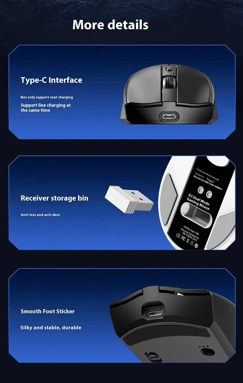 Ratón para Juegos de Última Generación con DPI Ajustable, Recargable, Inalámbrico, con Base de Carga, Bluetooth 2.4G, Modo Dual, RGB, Diseño Ergonómico