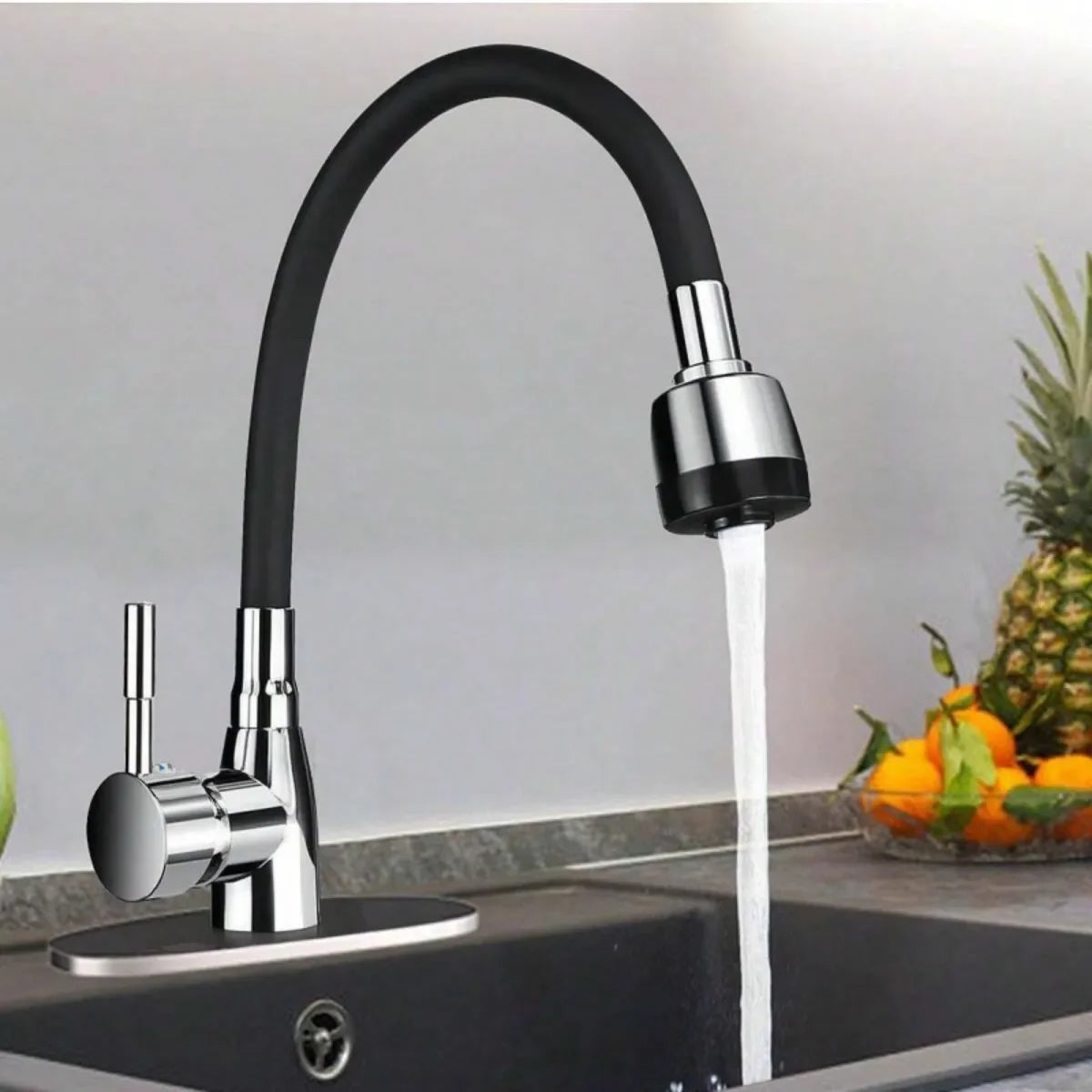Grifo de cocina moderno de acero inoxidable 304 con manguera de silicona - ajustable, con válvula de cerámica, no requiere electricidad.