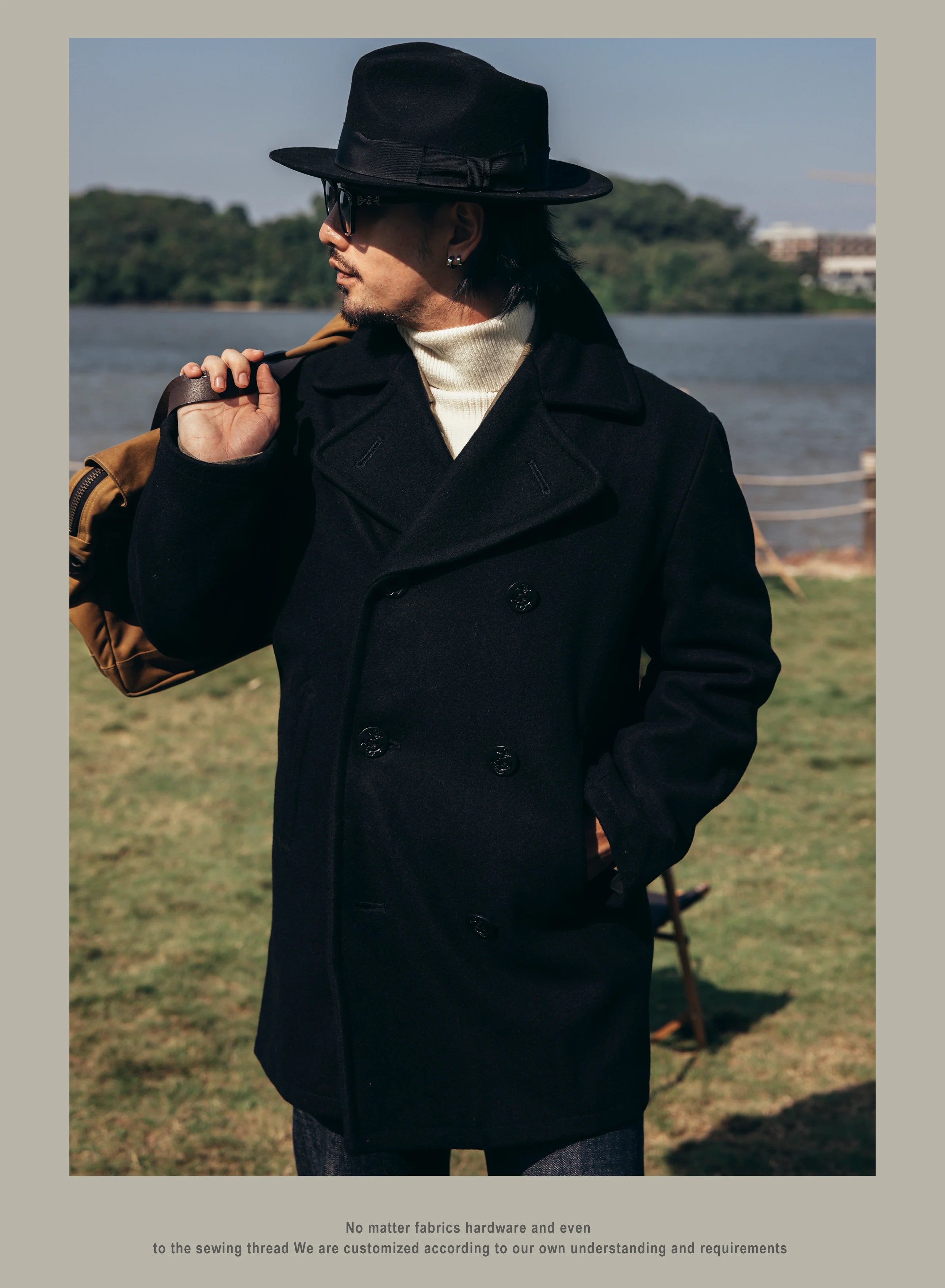 Peacoat Red Tornado 740 en negro, abrigo vintage de mezcla de lana de longitud media con doble botonadura para hombre, chaqueta cálida de invierno