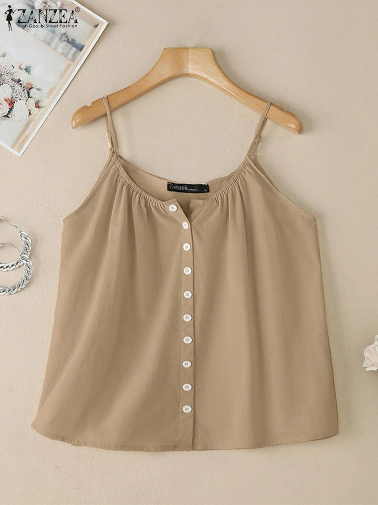 2025 camisetas sin mangas de verano para mujer ZANZEA moda Spaghetti Strap Blusa de algodón Casual suelta sólida playa Camis sin mangas camisa de vacaciones