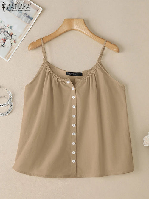 2025 camisetas sin mangas de verano para mujer ZANZEA moda Spaghetti Strap Blusa de algodón Casual suelta sólida playa Camis sin mangas camisa de vacaciones