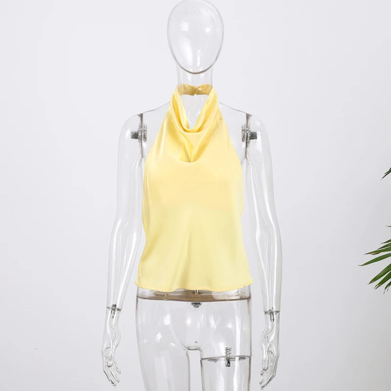 Vestido sin mangas con cuello colgante para mujer, vestido liso de satén con espalda descubierta, vestidos informales de oficina con tirantes finos, nueva Suite de primavera 2025