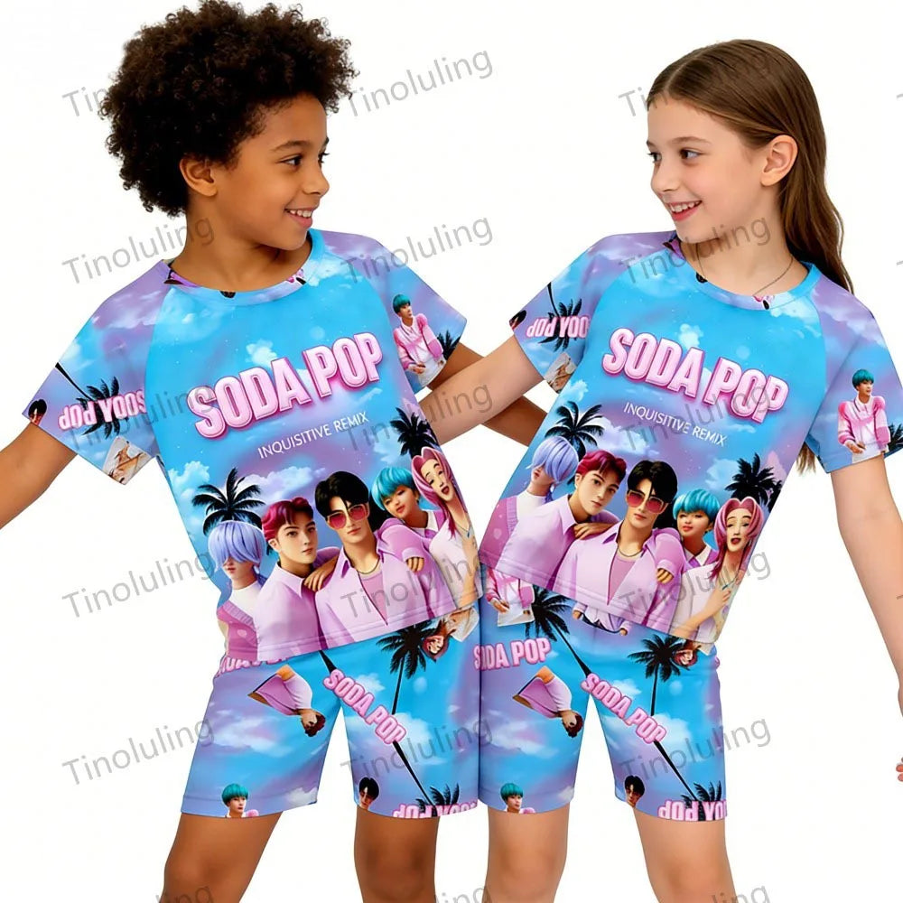 Conjuntos de pijamas para niñas, pijamas de verano para niños pequeños de 3 a 8, 10, 11 y 12 años, Kpop Demon Hunters, camisetas y pantalones cortos, conjunto de pijamas de dos piezas