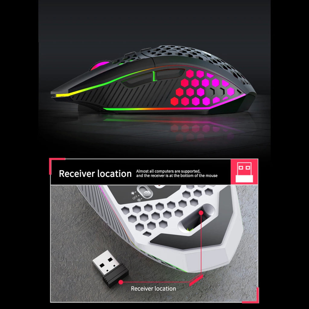 Ratón inalámbrico para juegos: diseño ergonómico con iluminación RGB, carga USB tipo C, carcasa de panal, diestro, precisión óptica
