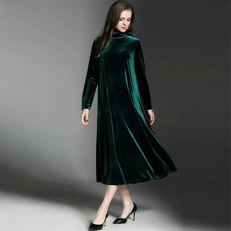 Vestido de terciopelo de invierno 2026 primavera manga larga cuello alto vestido elegante Casual Retro Vintage Vestidos de fiesta de terciopelo Vestidos