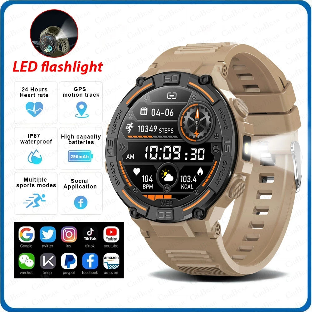 Reloj inteligente militar resistente al aire libre para hombres, GPS, deportes, Fitness, resistente al agua, llamada Bluetooth con luces LED, reloj inteligente