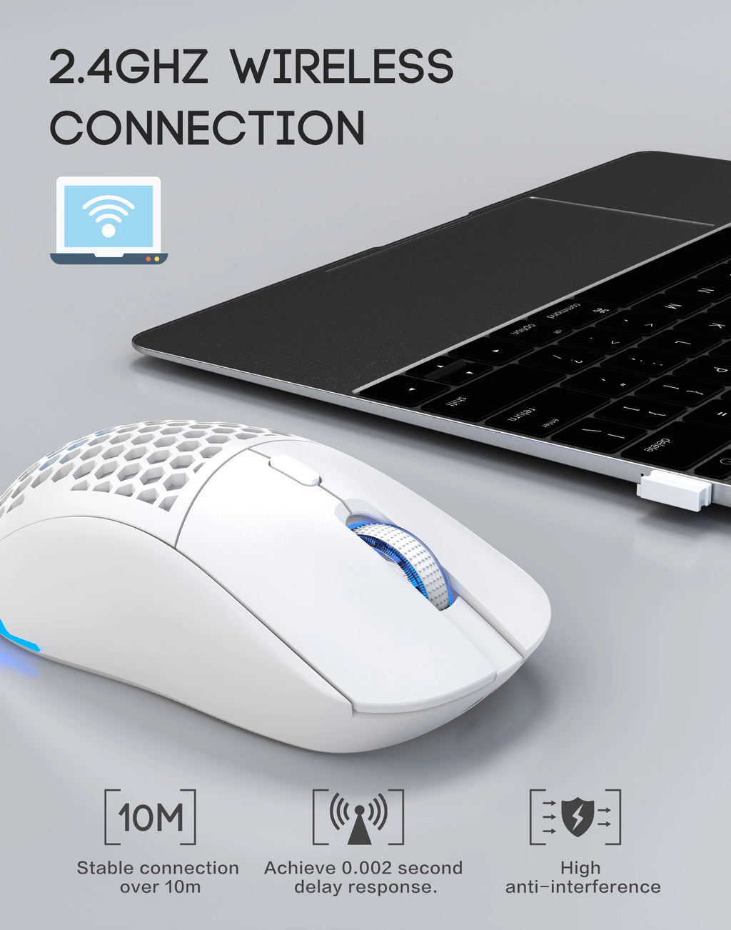 Ratón recargable con diseño de panal USB con iluminación ajustable RGB inalámbrica para uso en el hogar, juegos y oficina, Plug And Play